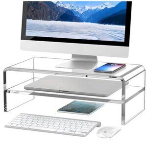 Clear Acrylic Monitor Stand Riser Desk Organizer Shelf Computer Laptop Storage